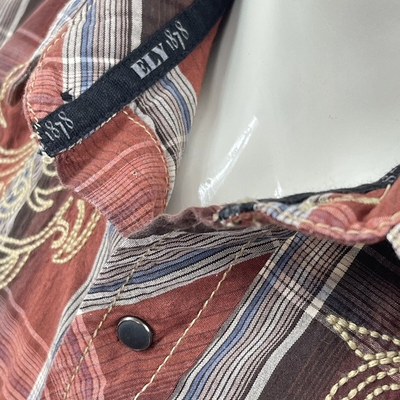 Ely Cattleman 1878 Snap Western Rockabilly Embroidered Shirt Rust Plaid Mens XL - Picture 5 of 11